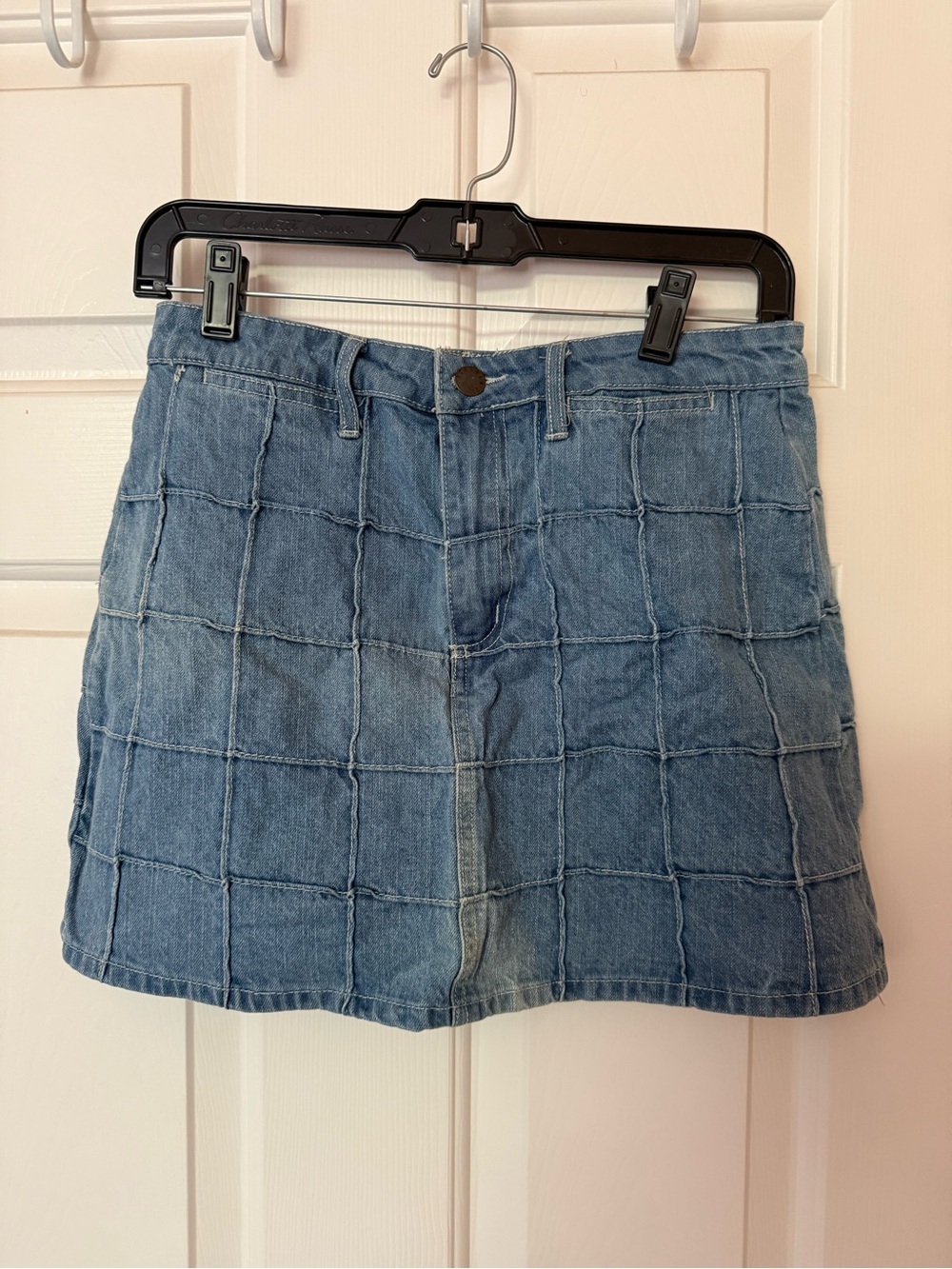 Forever 21 Blue Grid-Panel Denim Mini Skirt